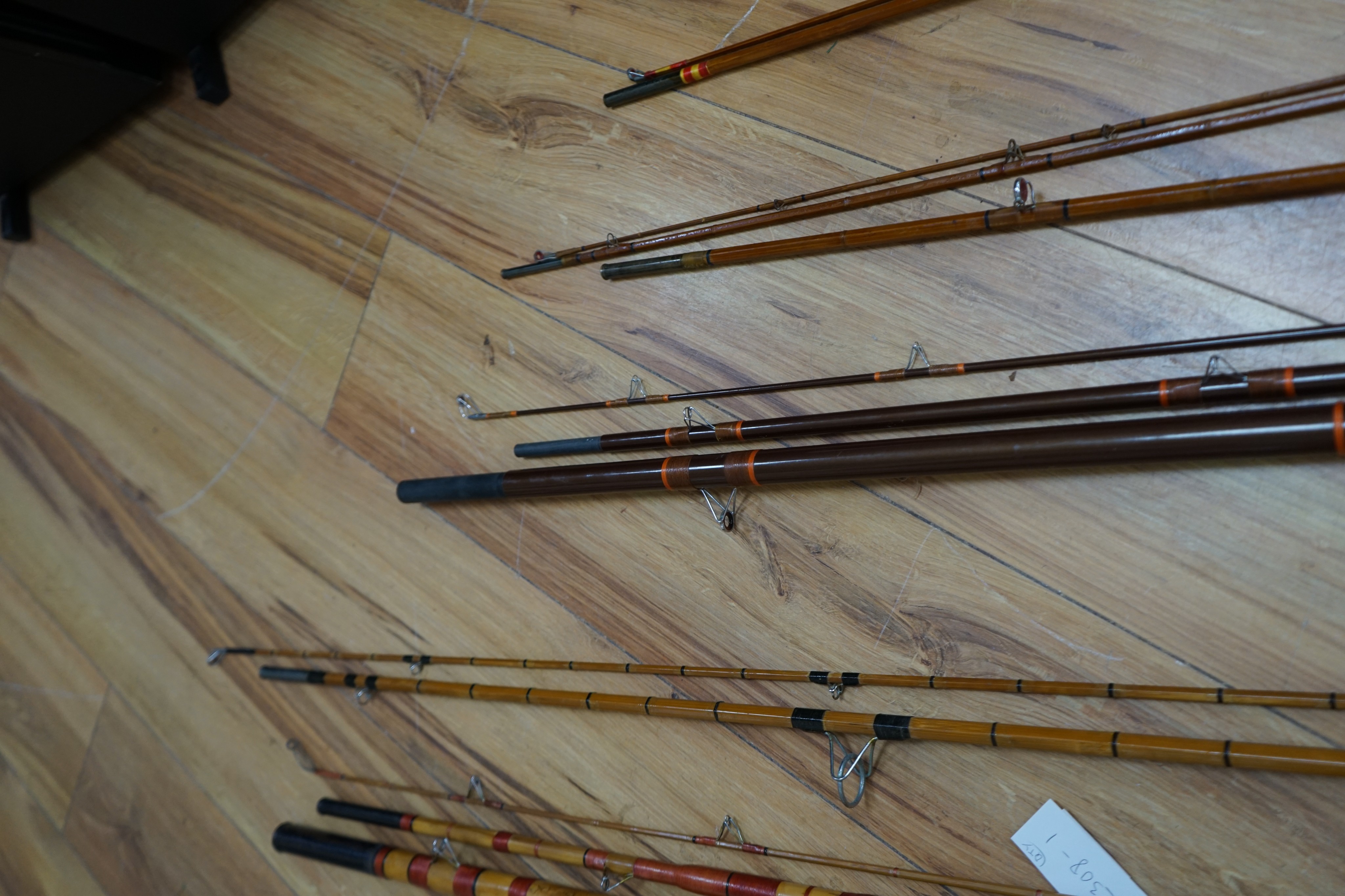 A collection of mixed split cane fishing rods, Les Compton, Elasticane, Carton-James and another (4)